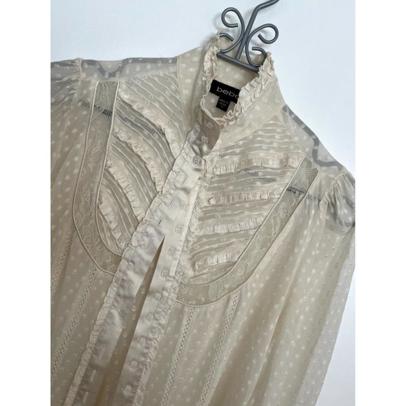 Vintage Bebe Women's Ruffle Button-Up Long Sleeve Blouse Ivory - Size XS - Picture 7 of 9